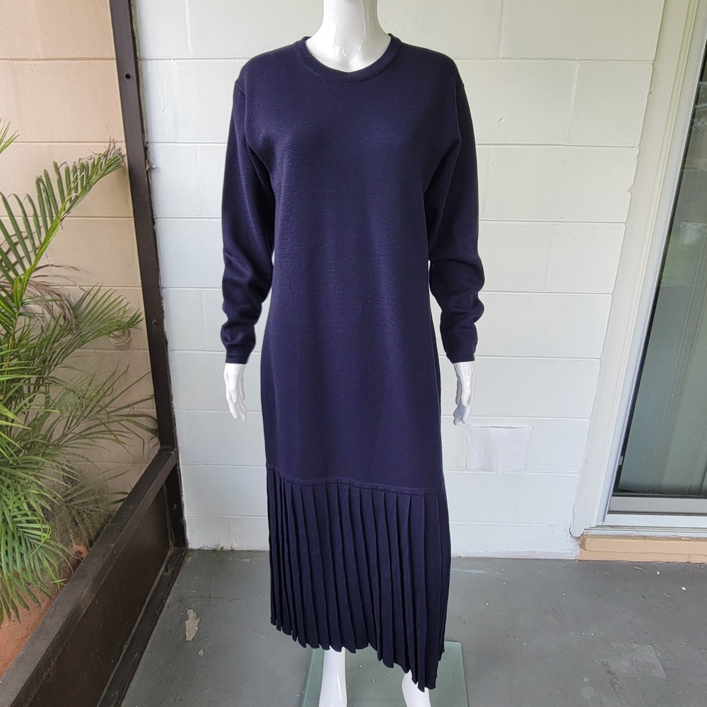 VTG 80s Kathryn Conover Navy Blue Knit Dress Women M Dark Academia Preppy Wool